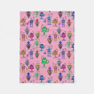 Cute colorful robots on pink background fleece blanket
