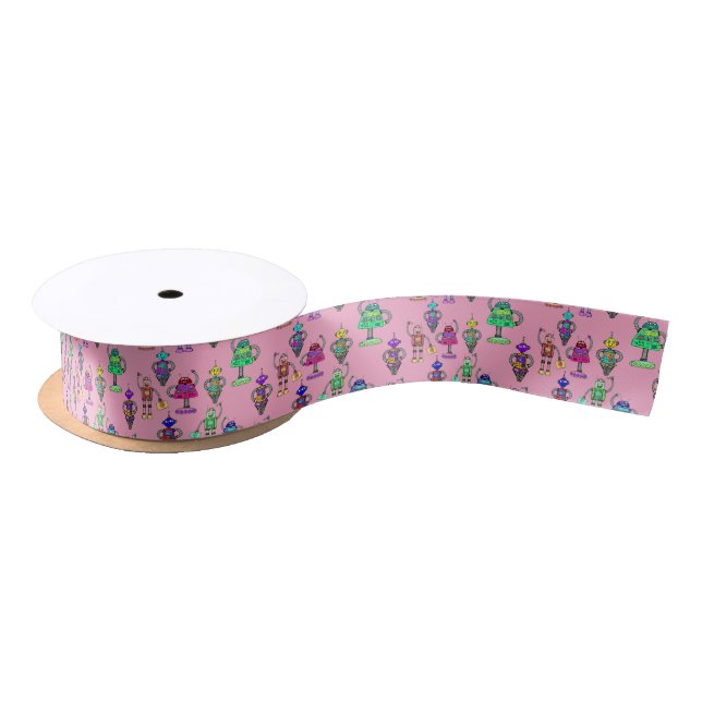 Cute colorful robots on pink background satin ribbon (Spool)