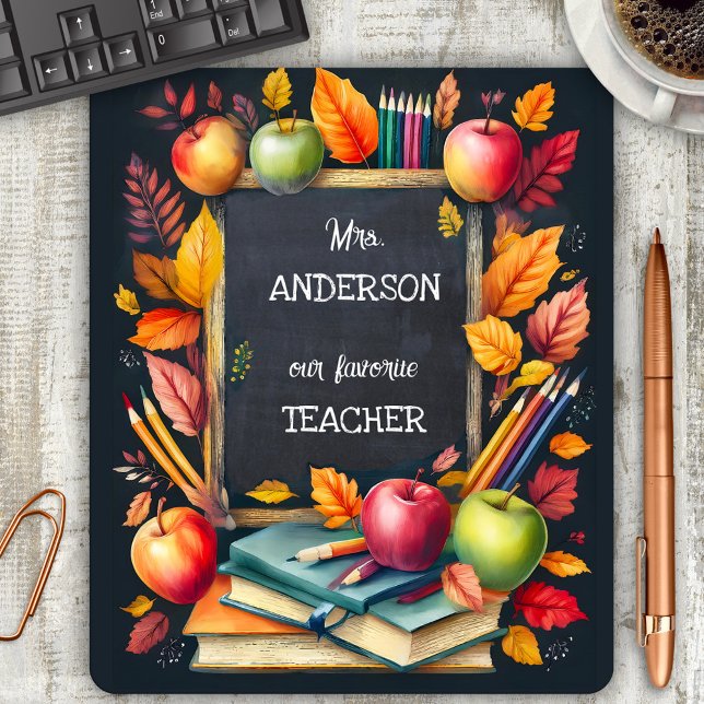 Cute Colorful Teacher Appreciation Mouse Pad (Mouse pad showing a blackboard/chalkboard framed by books, apples, pencils and colorful fall leaves)