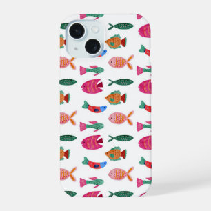 Cute Colorful Tiny Fish Drawing Seamless Pattern iPhone 15 Case