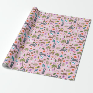 Cute Colorful Tropical Dogs Pattern   Pink Wrapping Paper