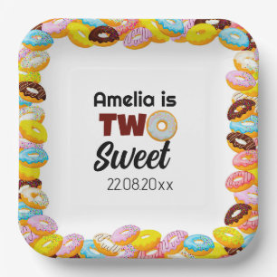 Cute & Colorful Two Sweet Donut 2nd Birthday girl Paper Plate