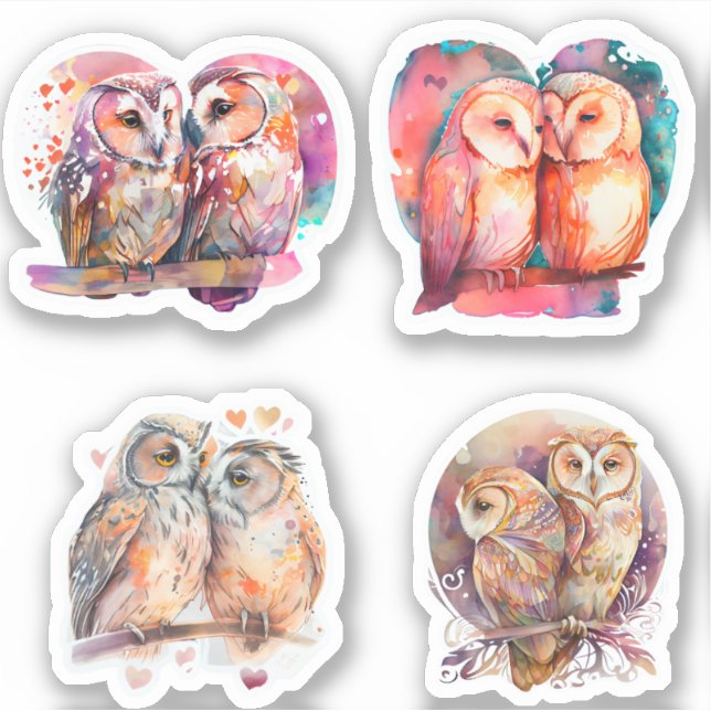 CUTE COLORFUL WATERCOLOR SKETCH LOVE OWL STICKERS (Front)