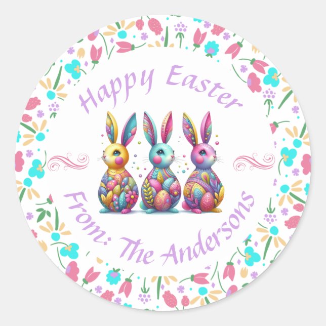 Cute, colourful 3 Easter bunny Classic Round Sticker (Front)