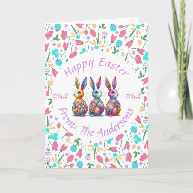 Cute, colourful 3 Easter bunny Holiday Card (Front)