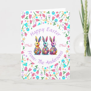 Cute, colourful 3 Easter bunny Holiday Card