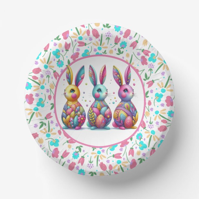 Cute, colourful 3 Easter bunny Paper Plate (Front)