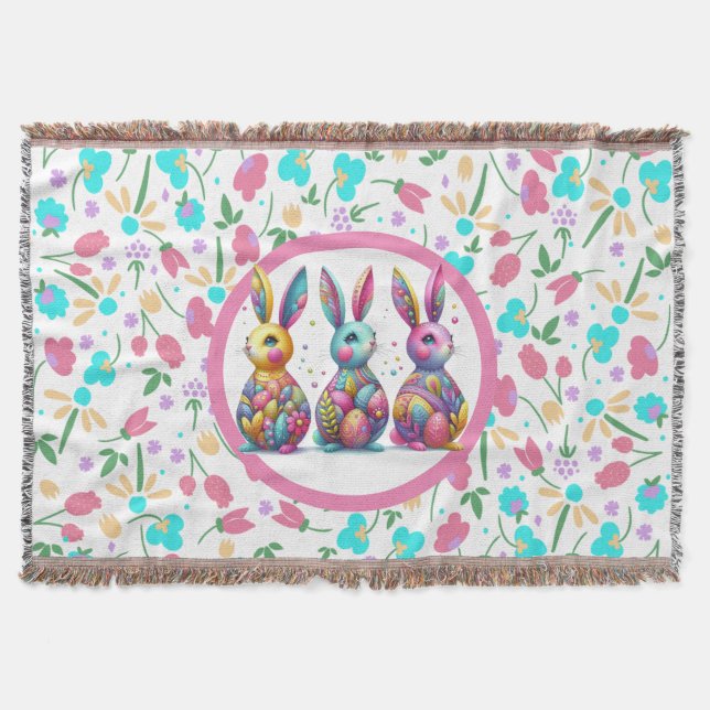 Cute, colourful 3 Easter bunny Throw Blanket (Front)