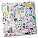 Cute Colourful 80s Pattern Tile<br><div class="desc">So much fun in one print! This pattern is a black and white cartoon sketch with colourful touches throughout. Features pieces like rainbow clouds, flamingos, doughnuts, cupcakes and ice cream, 80s icons, skateboards, anchors, sneakers, cacti, moustaches, cameras and SO MUCH MORE!!! Great for an 80s party, or just a tonne...</div>