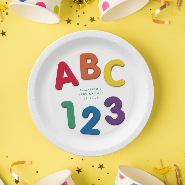 Cute colourful ABC 123 neutral baby shower Paper Plate (Creator Uploaded)