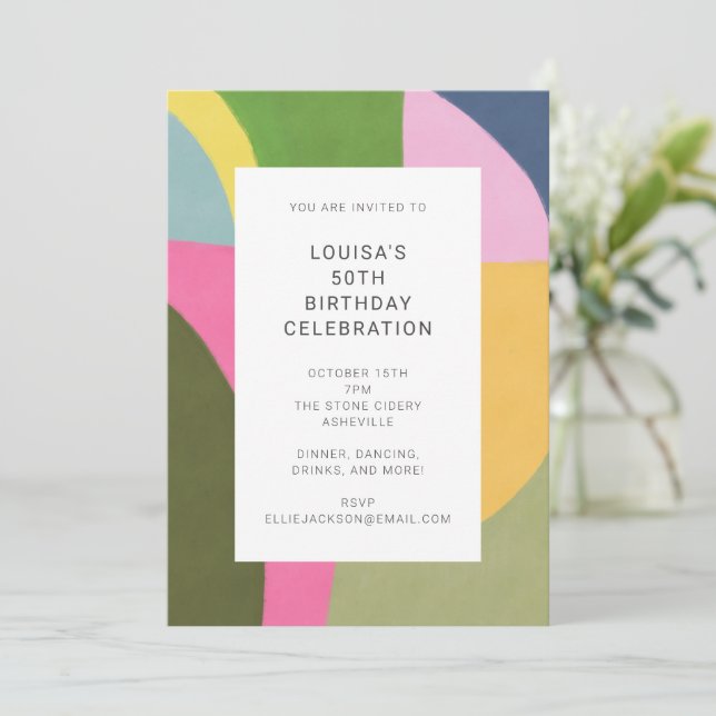 Cute Colourful Abstract Art Modern 50th Birthday Invitation (Standing Front)