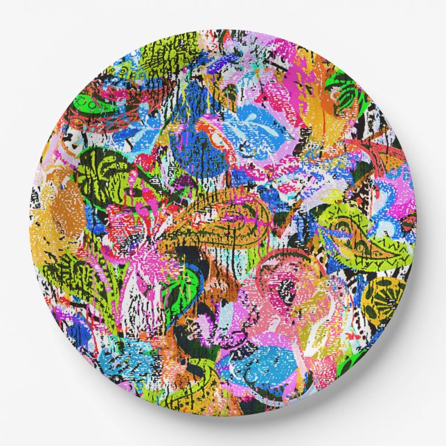 Cute colourful abstract mixed paisley flowers paper plate (Front)