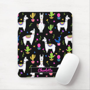 Cute Colourful Alpaca Cactus Custom Name Black Mouse Pad