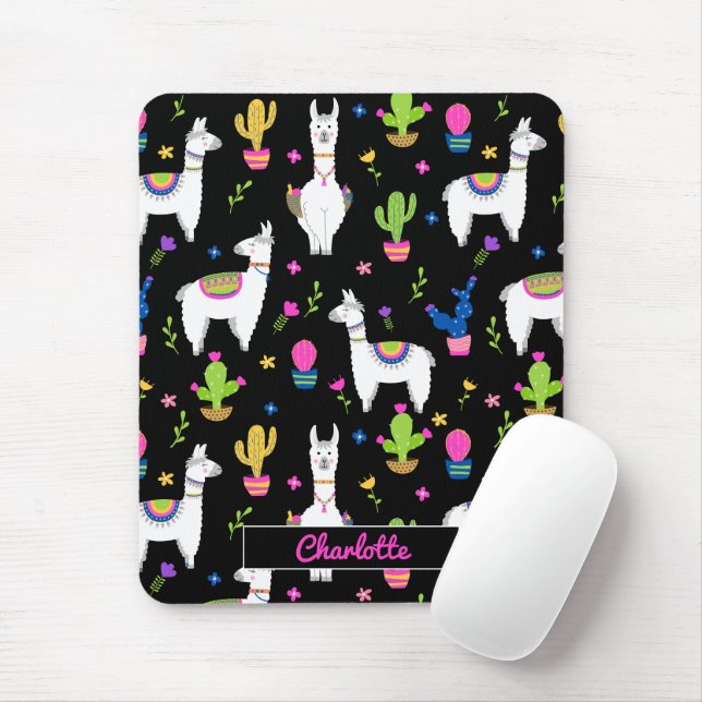 Cute Colourful Alpaca Cactus Custom Name Black Mouse Pad (With Mouse)