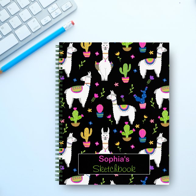 Cute Colourful Alpaca Cactus Custom Name Black Notebook (Creator Uploaded)