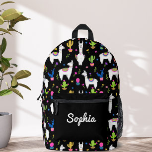 Cute Colourful Alpaca Cactus Custom Name Black Printed Backpack