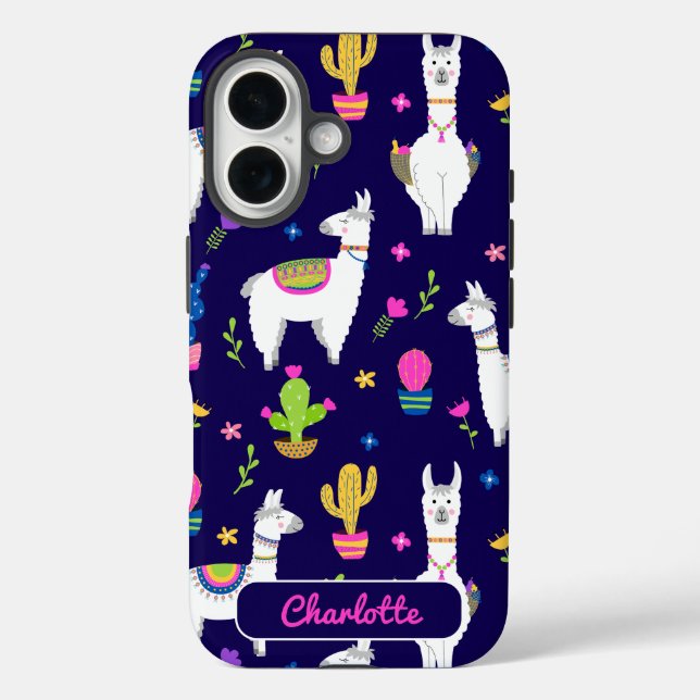 Cute Colourful Alpaca Cactus Custom Name Dark Blue Case-Mate iPhone Case (Back)