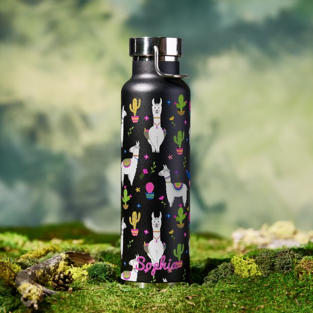 Cute Colourful Alpaca Cactus Personalised Name Water Bottle (Outdoor (Rotated))
