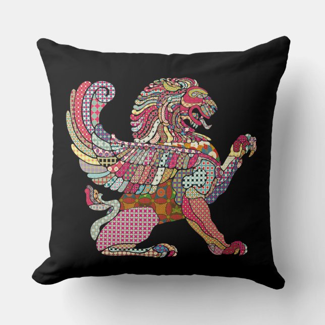 Cute colourful ancient lion drawing cushion (Front)