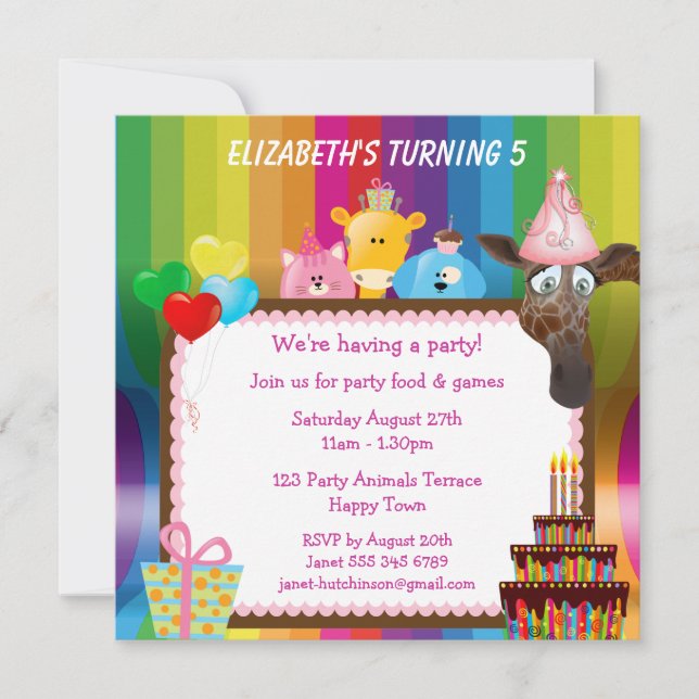Cute & Colourful Animals Girls Birthday Party Invitation (Front)