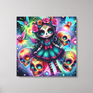 Cute Colourful Animated Doll and Sugar Skulls Canvas Print