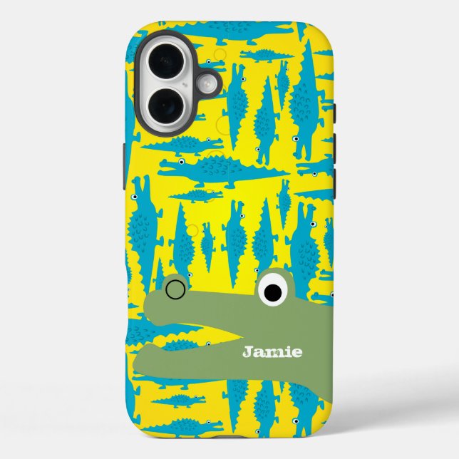 Cute Colourful Aqua and Yellow Alligator Pattern Case-Mate iPhone Case (Back)