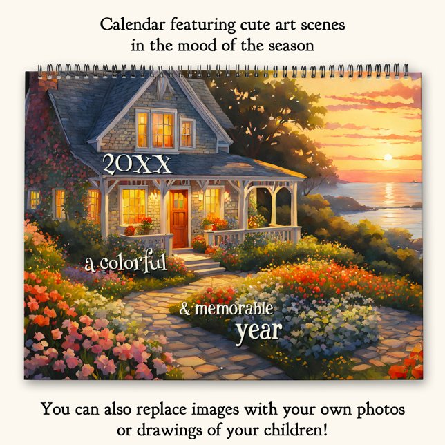 Cute Colourful Art or Photo Large Calendar (Calendar featuring fun paintings in different art styles. All images paint the mood of the season)