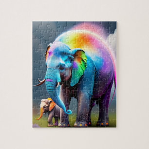 Cute Colourful Baby Elephant and Mum Elephant Jigsaw Puzzle