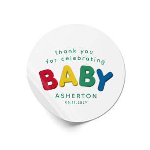 Cute colourful baby personalised baby shower classic round sticker