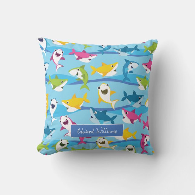 Cute Colourful Baby Shark Pattern for Little Kids Cushion (Front)