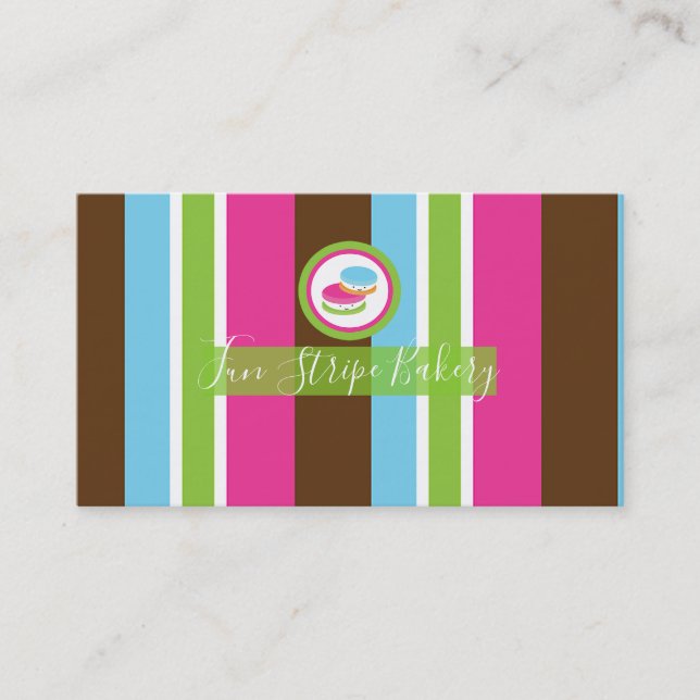 Cute Colourful Bakery Macaroons Fun Stripe Business Card (Front)