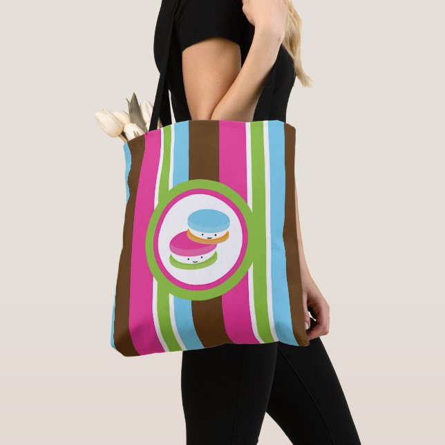 Cute Colourful Bakery Macaroons Fun Stripes Tote Bag (Close Up)