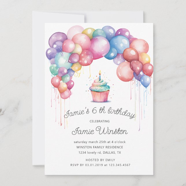 Cute Colourful Balloon Arch Cupcake Kids Birthday Invitation (Front)