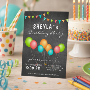 Cute Colourful Balloon Chalkboard Birthday Party Invitation