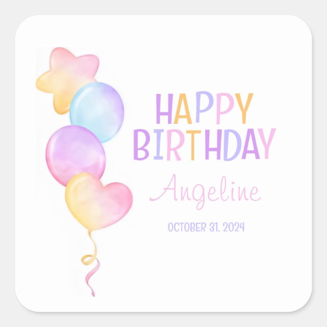Cute Colourful Balloon Kids Birthday Square Sticker (Front)
