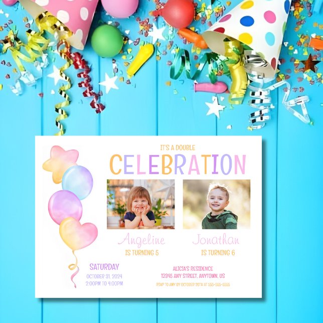 Cute Colourful Balloon Kids Photo Joint Birthday Invitation (Creator Uploaded)