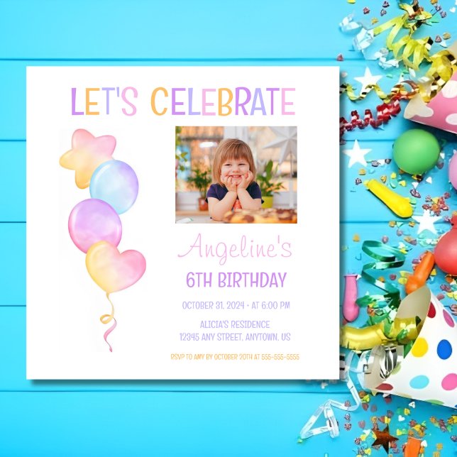 Cute Colourful Balloon Photo Kids Birthday Invitation (Creator Uploaded)