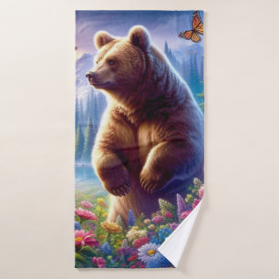 Cute, colourful bear & butterflies bath towel