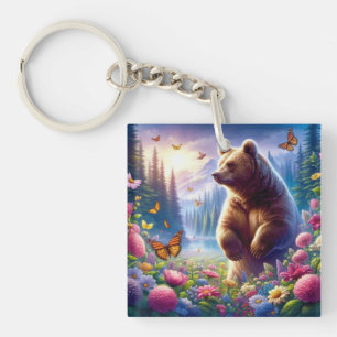 Cute, colourful bear & butterflies key ring
