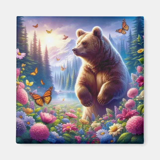 Cute, colourful bear & butterflies magnet (Front)