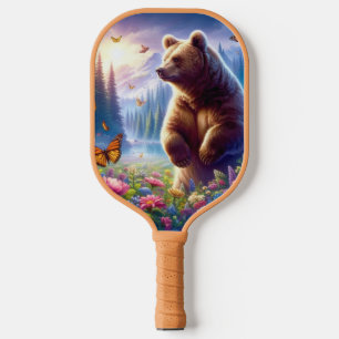 Cute, colourful bear & butterflies pickleball paddle
