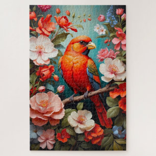 cute colourful bird  on a branch with flowers  jigsaw puzzle