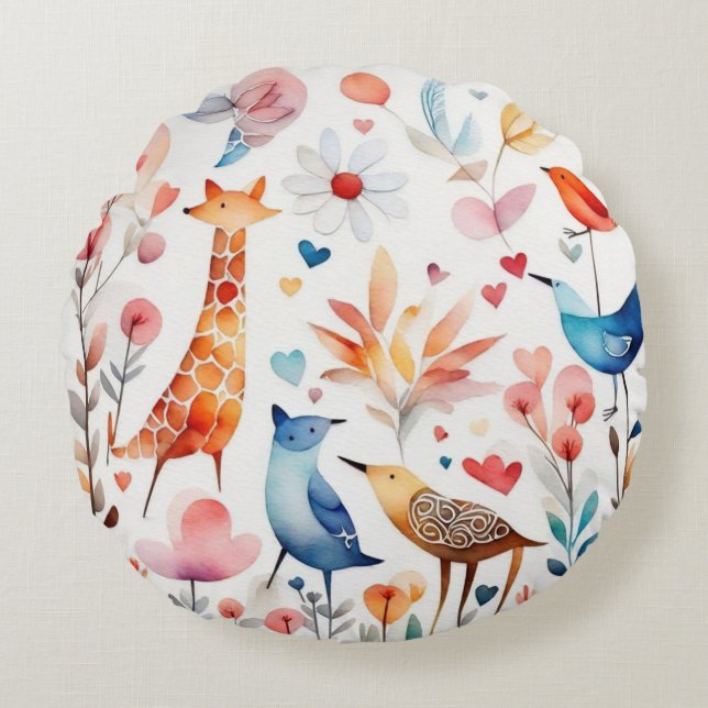 Cute colourful birds animals flowers Round Pillow (Front)