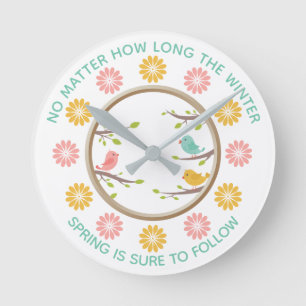Cute & Colourful Birds & Flowers Springtime Round Clock