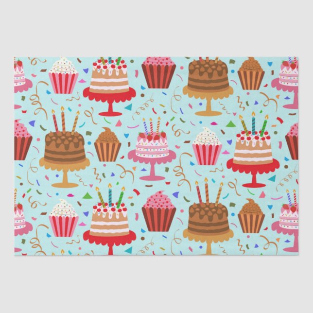 Cute Colourful Birthday Cakes and Cupcakes on blue Tissue Paper (Front)