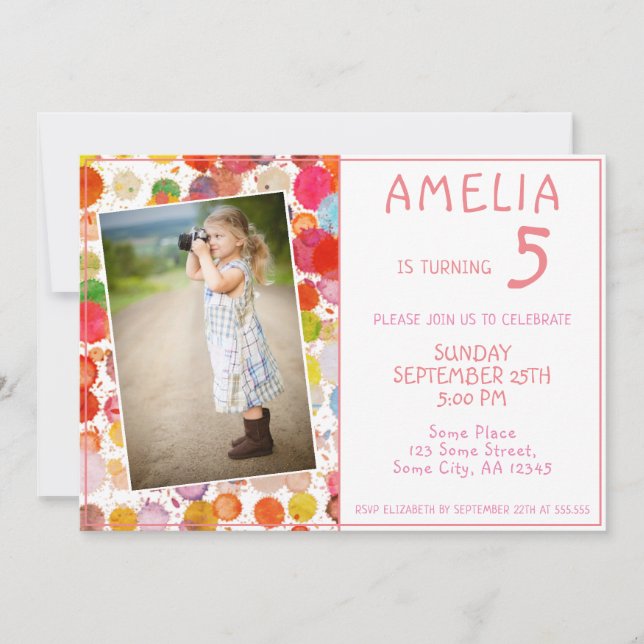 Cute Colourful Blots Girly Kids Photo Birthday Invitation (Front)