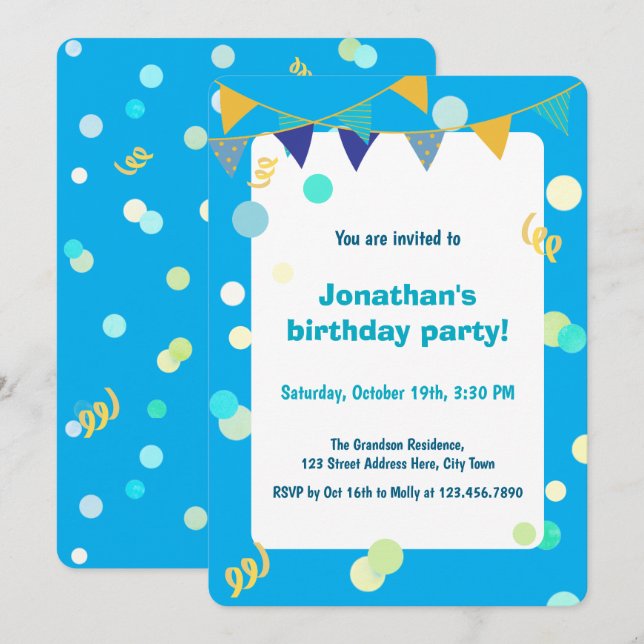 Cute Colourful Blue & Green Confetti Boy Birthday Invitation (Front/Back)