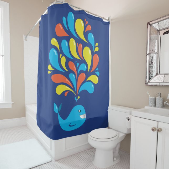 Cute Colourful Blue Whale Shower Curtain (In Situ)