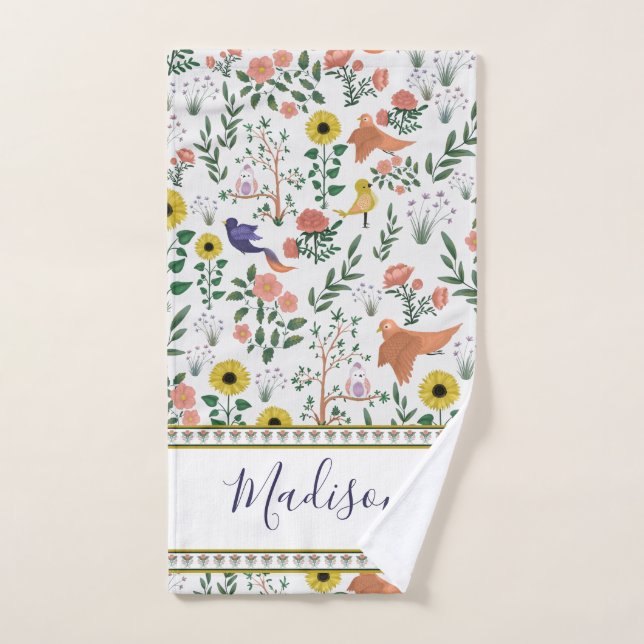Cute Colourful Boho Bird and Floral Pattern Bath Towel Set (Hand Towel)