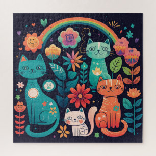 Cute Colourful Boho Cats and Flowers Jigsaw Puzzle